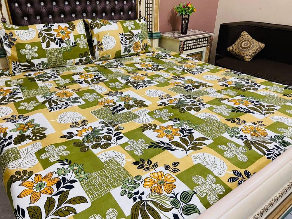 3 Pcs Cotton Printed Double Bedsheet